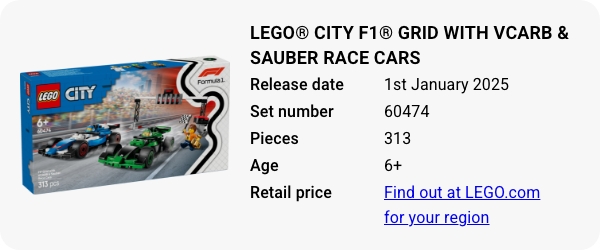 LEGO® City F1® Grid with VCARB & Sauber Race Cars 60474 January 2025 - W