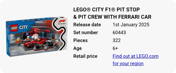 LEGO® City F1® Pit Stop & Pit Crew with Ferrari Car 60443 January 2025 - W