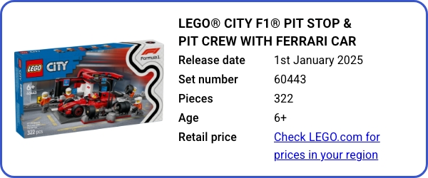 LEGO® City F1® Pit Stop & Pit Crew with Ferrari Car 60443 January 2025 - B