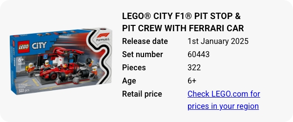 LEGO® City F1® Pit Stop & Pit Crew with Ferrari Car 60443 January 2025 - W