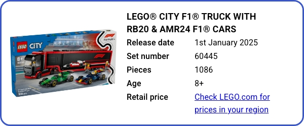 LEGO® City F1® Truck with RB20 & AMR24 F1® Cars 60445 January 2025 - B