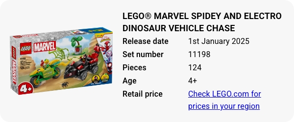 LEGO® Marvel Spidey And His Amazing Friends Spin and Electro Dinosaur Vehicle Chase 11198 January 2025 - W