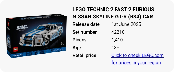 42210 LEGO Technic 2 Fast 2 Furious Nissan Skyline GT-R (R34) Car June 2025