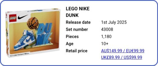 43008 LEGO Nike Dunk July 2025