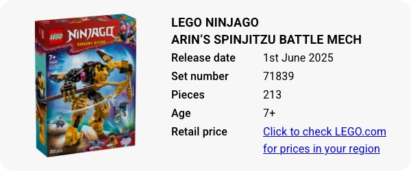 71839 LEGO NINJAGO Arinโs Spinjitzu Battle Mech June 2025