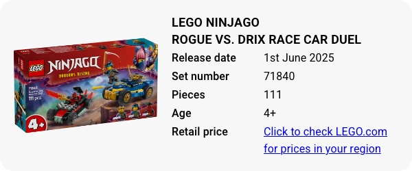 71840 LEGO NINJAGO Rogue vs. Drix Race Car Duel June 2025