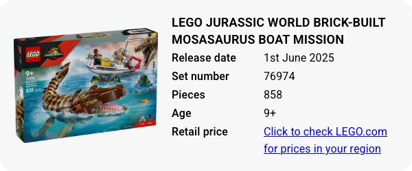 76974 LEGO Jurassic World Brick-Built Mosasaurus Boat Mission June 2025