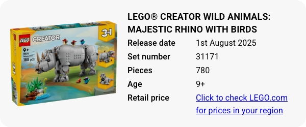 31171 LEGO® Creator Wild Animals- Majestic Rhino with Birds