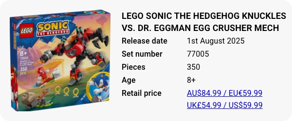 77005 LEGO Sonic the Hedgehog Knuckles vs. Dr. Eggman Egg Crusher Mech August 2025