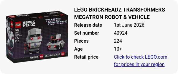 40924 LEGO BrickHeadz Transformers Megatron Robot & Vehicle