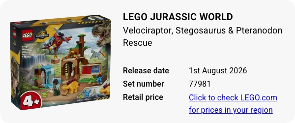 77981 LEGO Jurassic World Velociraptor, Stegosaurus & Pteranodon Rescue