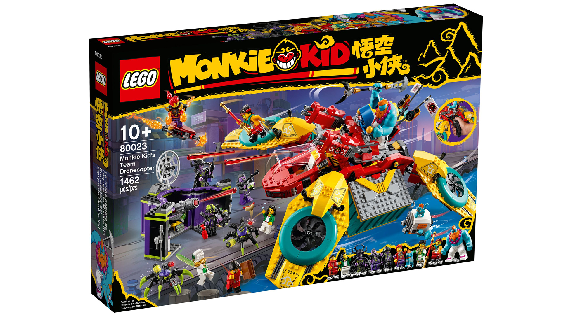 Children can become heroes in their own epic stories and wow their friends with Monkie Kid’s Team Dronecopter. This LEGO® Monkie Kid™ helicopter toy (80023) features 2 spring-loaded shooters and 2 detachable ‘cargo containers’ with lots of homely features inside, including bunk beds and a buildable arcade machine. The playset includes 8 minifigures and 2 figures, including Monkie Kid, Mei, Sandy, Mo the cat, Spider Queen, Mr. Tang with a Journey to the West book element and Red Son with a flyer, plus a spring-loaded ‘spider poison’ shooter for battle action.